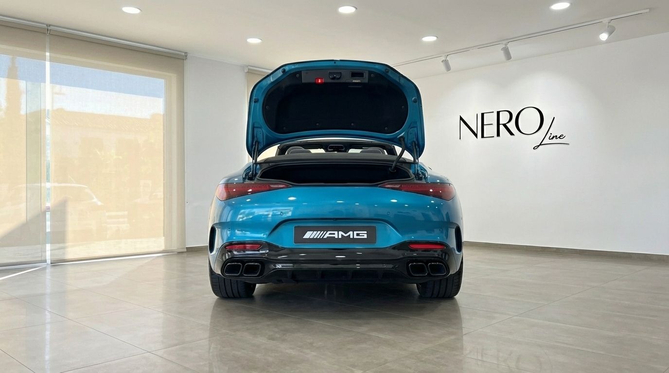 The turquoise blue Mercedes-Benz SL43 AMG Roadster is shown from the rear with its trunk open in Alicante.