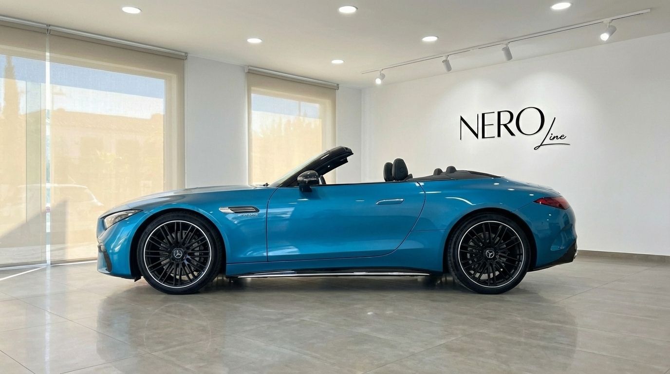 The turquoise blue Mercedes-Benz SL43 AMG Roadster is showcased in a full side profile view inside a showroom in Alicante.