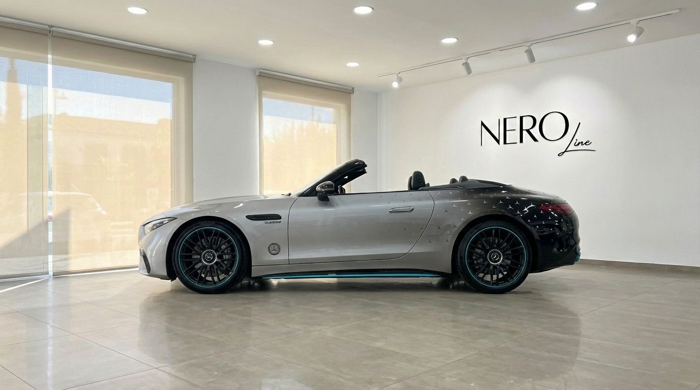 The grey 2023 Mercedes-Benz SL43 AMG convertible is showcased from its side profile in a bright Alicante showroom.