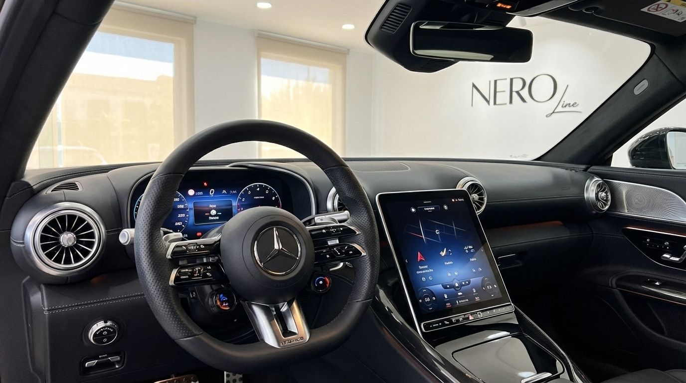 The luxurious interior of the 2024 Mercedes-Benz SL63 AMG in Alicante, featuring its steering wheel, digital dashboard, and central infotainment screen.
