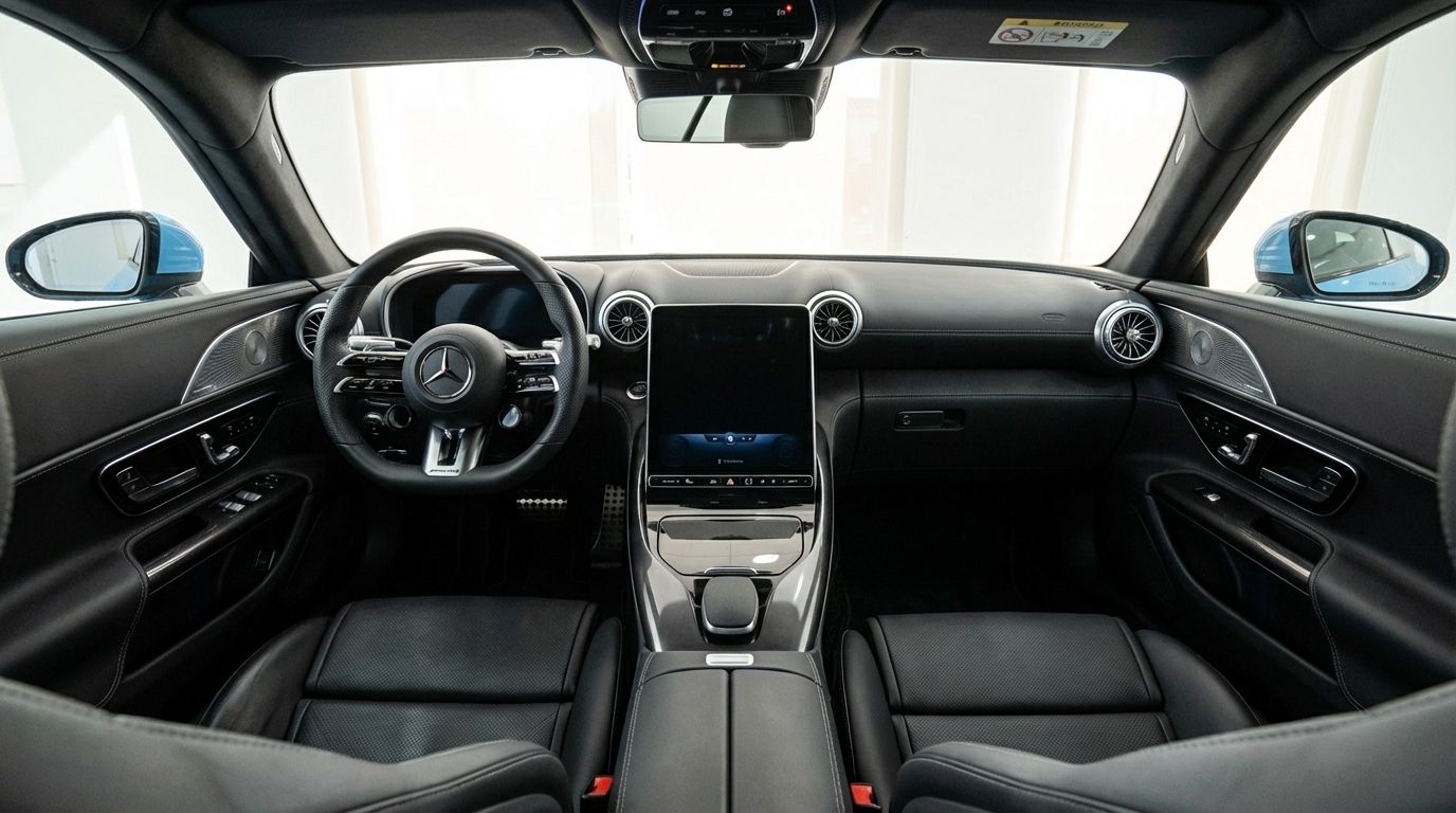 The luxurious black leather interior and modern dashboard of the 2024 Mercedes-Benz SL63 AMG in Alicante.