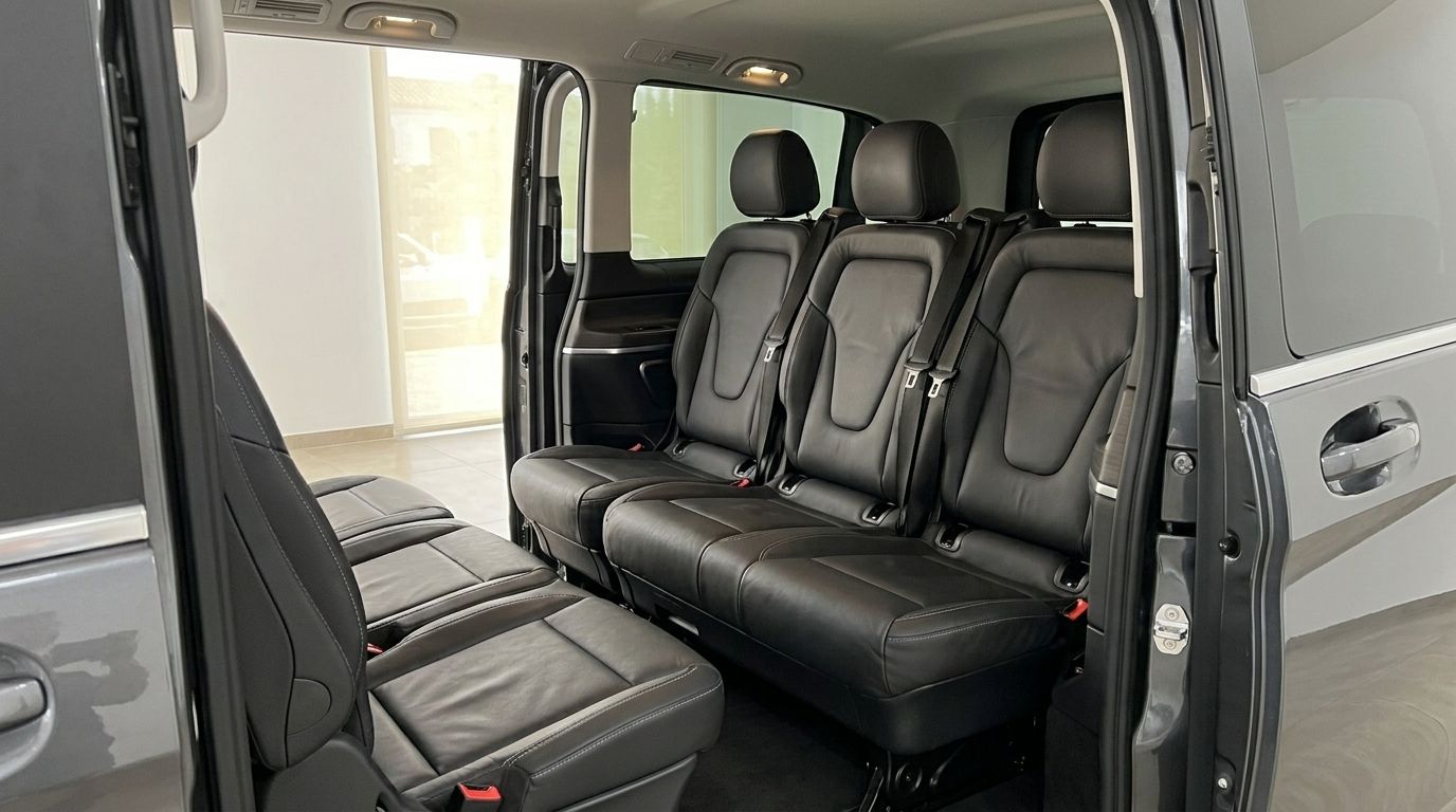 The spacious interior of the Mercedes-Benz V-Class 250d in Benidorm, featuring multiple rows of luxurious black leather seats.