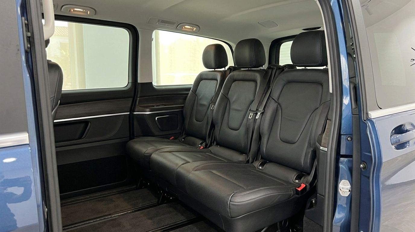 The spacious black leather rear seating of the Mercedes-Benz V-Class 300d Extralang, available for rent in Mallorca.