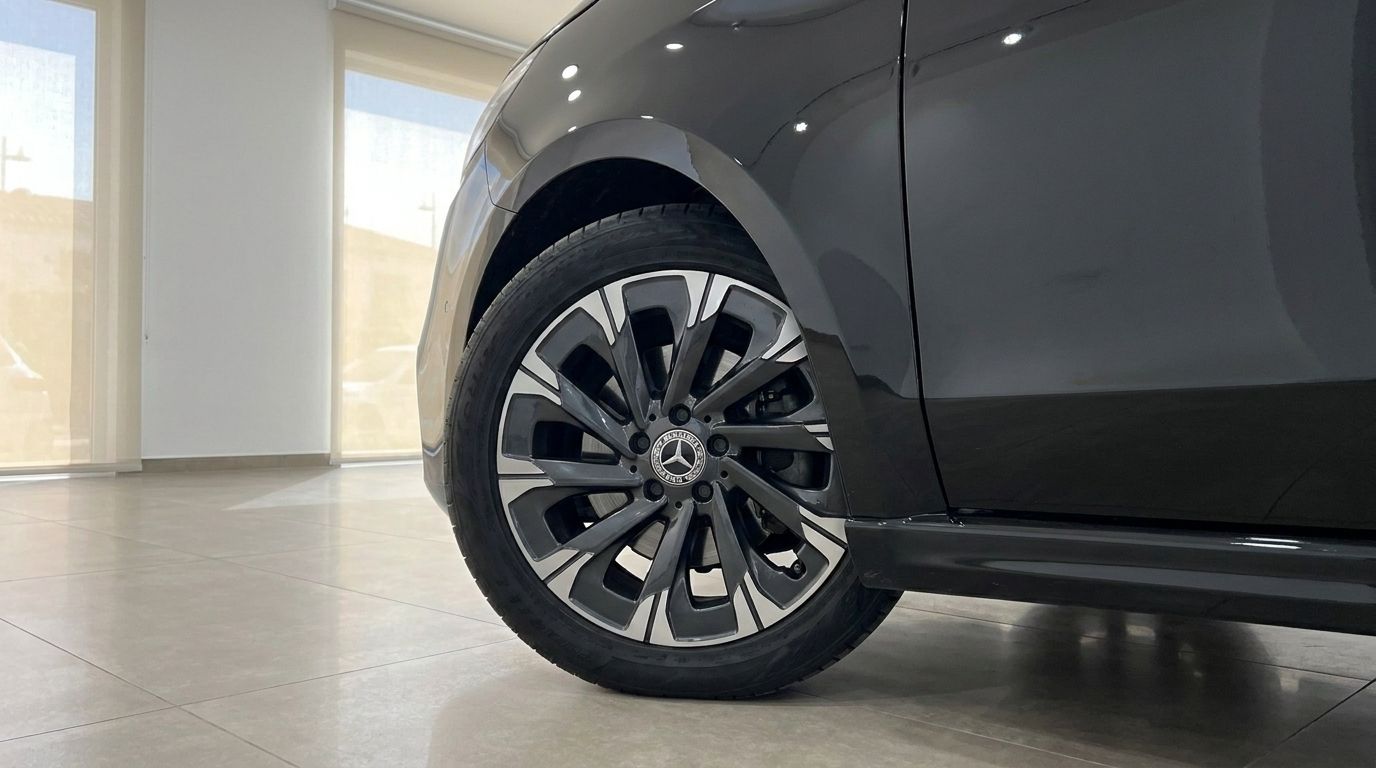 Der glänzend schwarze Mercedes-Benz V220 zeigt eine Detailansicht seines Vorderrads mit stilvollen Mehrspeichenfelgen auf Ibiza.