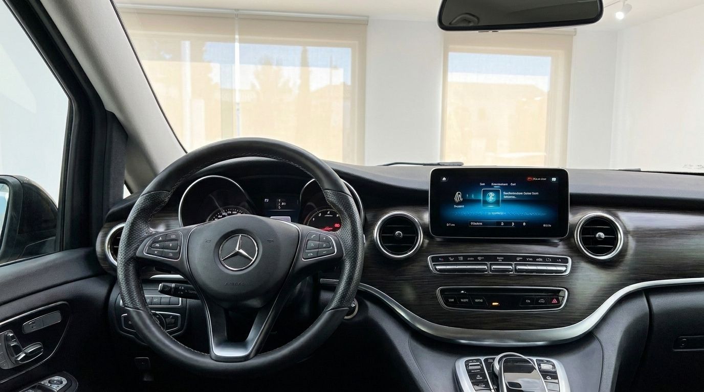 Das luxuriöse Interieur des Mercedes-Benz V220 (8 Sitze) auf Ibiza, mit Lenkrad, Armaturenbrett und Infotainmentsystem.