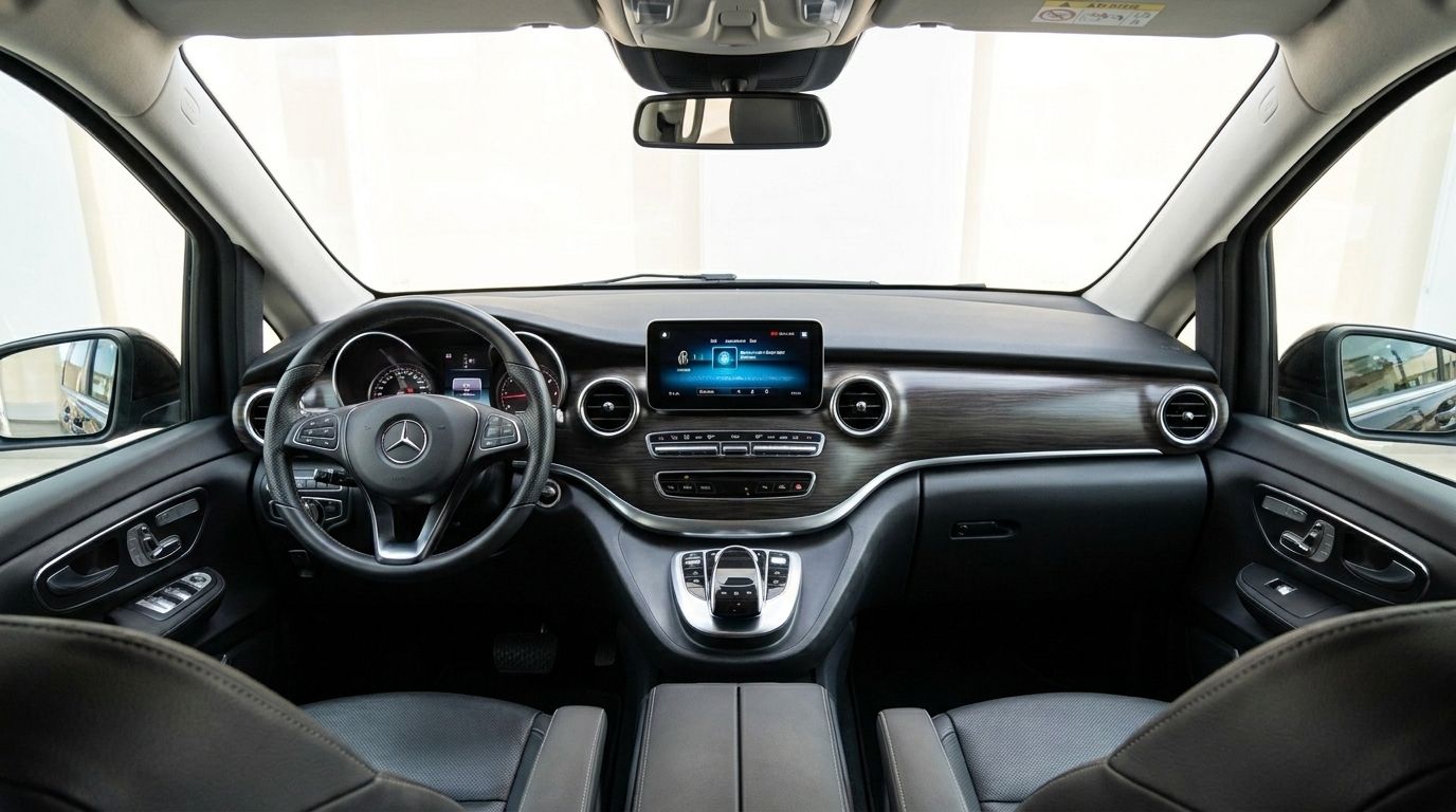 Das luxuriöse Interieur des Mercedes-Benz V220 auf Ibiza, mit modernem Armaturenbrett, Lenkrad und Infotainmentsystem.