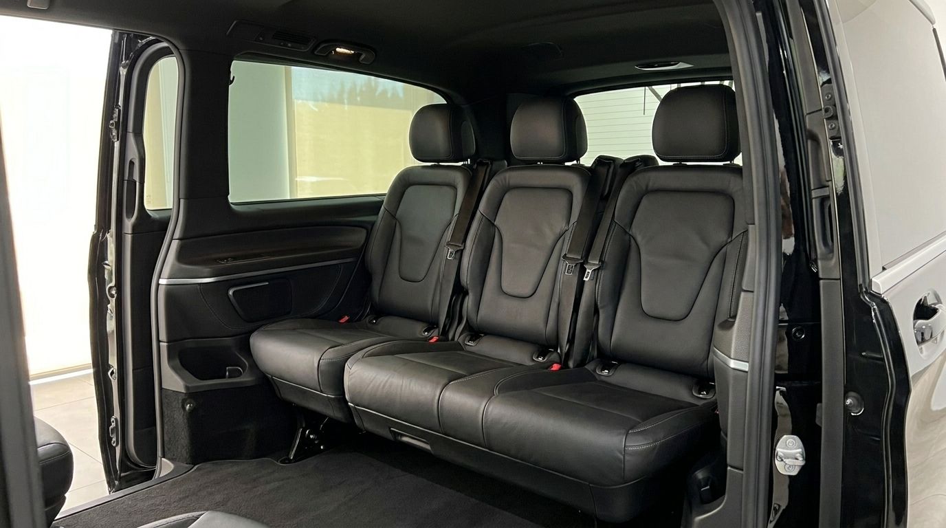 Die geräumigen schwarzen Ledersitze im Fond des Mercedes-Benz V220, die Komfort für Luxusreisen auf Ibiza bieten.