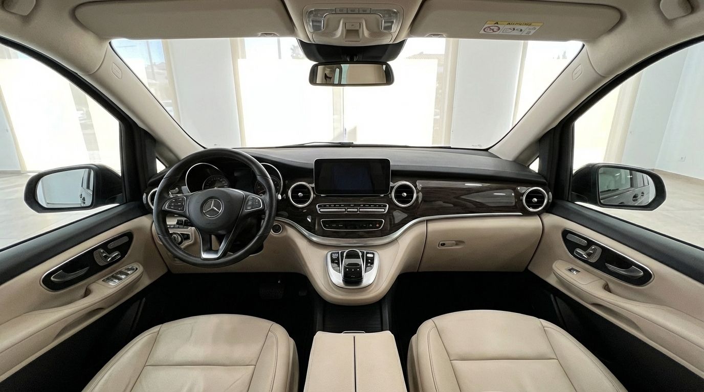 El habitáculo del Mercedes-Benz V250d en Madrid muestra un salpicadero moderno con pantalla central y asientos de cuero beige.