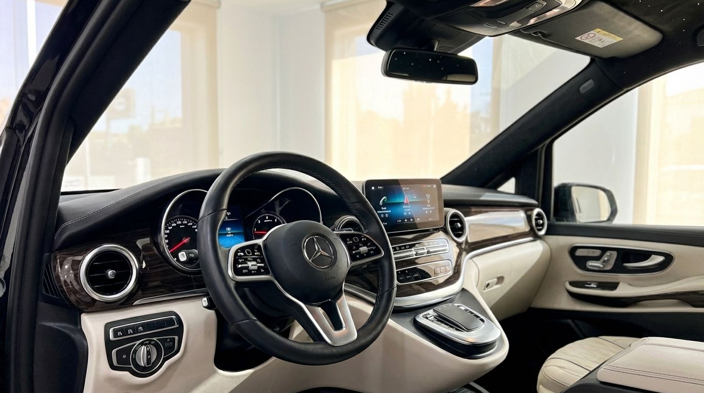 El lujoso interior del Mercedes-Benz V250d en Madrid, mostrando el volante, el salpicadero digital y la pantalla de infoentretenimiento.