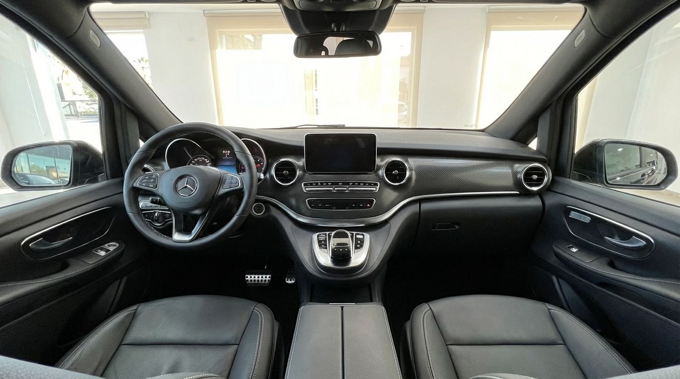 The interior of the Mercedes-Benz V250d Avantgarde in Marbella, showing the dashboard, steering wheel, and front seats.