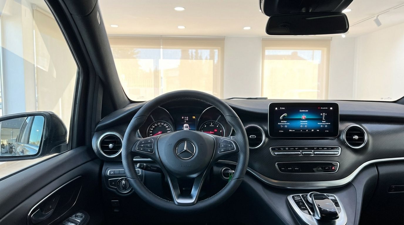 The Mercedes-Benz V250d Avantgarde cockpit in Marbella, featuring the steering wheel, digital dashboard, and infotainment screen.