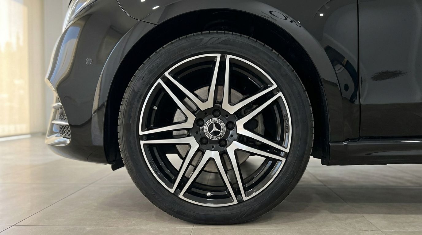 The Mercedes-Benz V250d Avantgarde's black multi-spoke front wheel and fender are visible in Marbella.