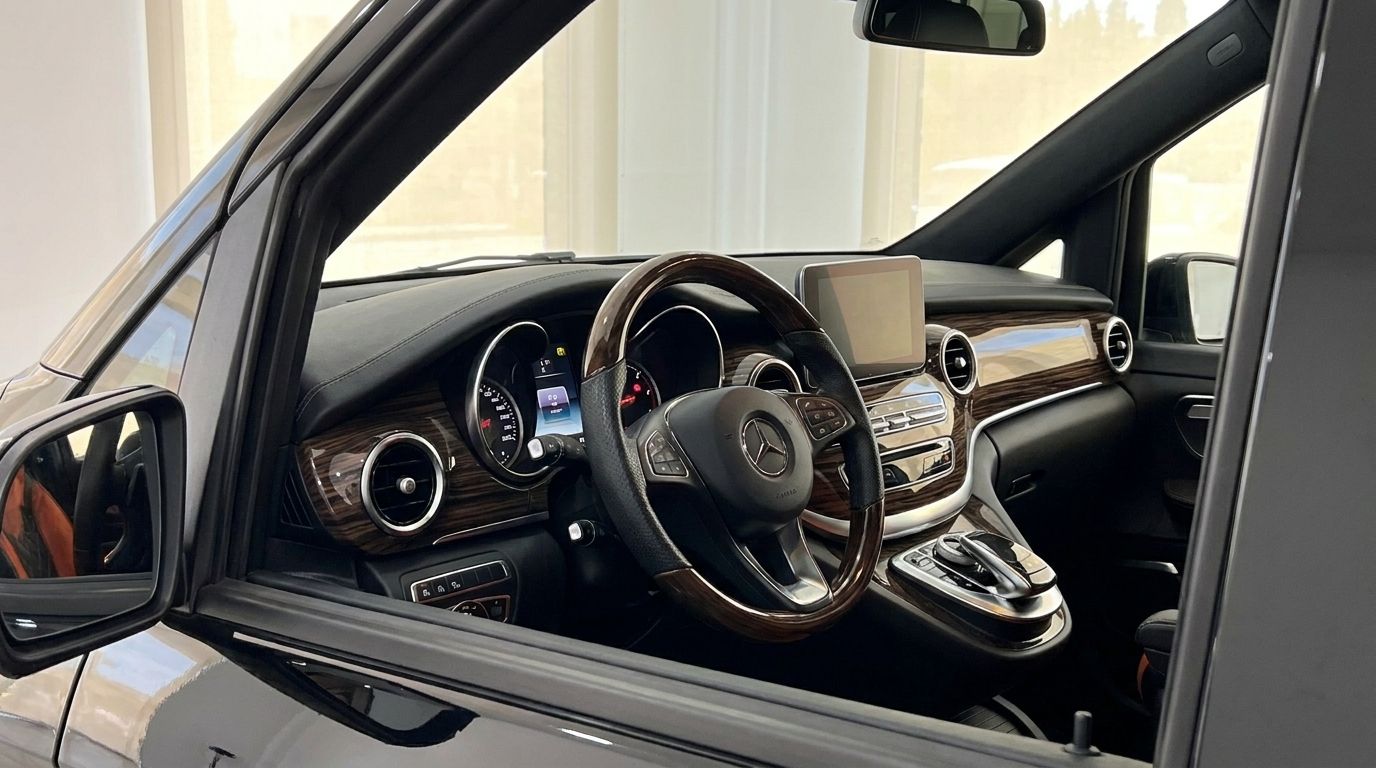 The Mercedes-Benz V250d Hermes VIP driver's cockpit features a luxurious wood-grain steering wheel, dashboard, and infotainment screen.