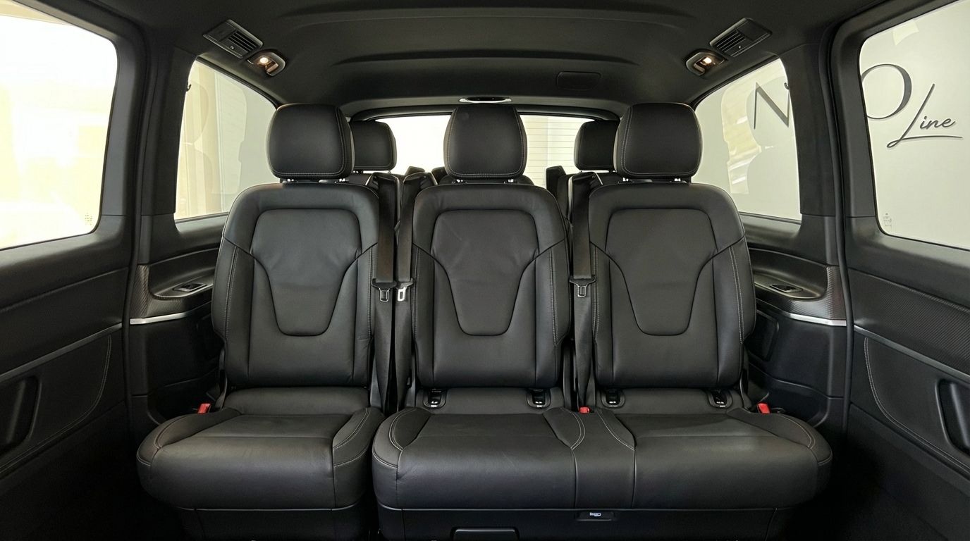 The image shows the luxurious black leather rear passenger seats of the Mercedes-Benz V250d in Marbella.