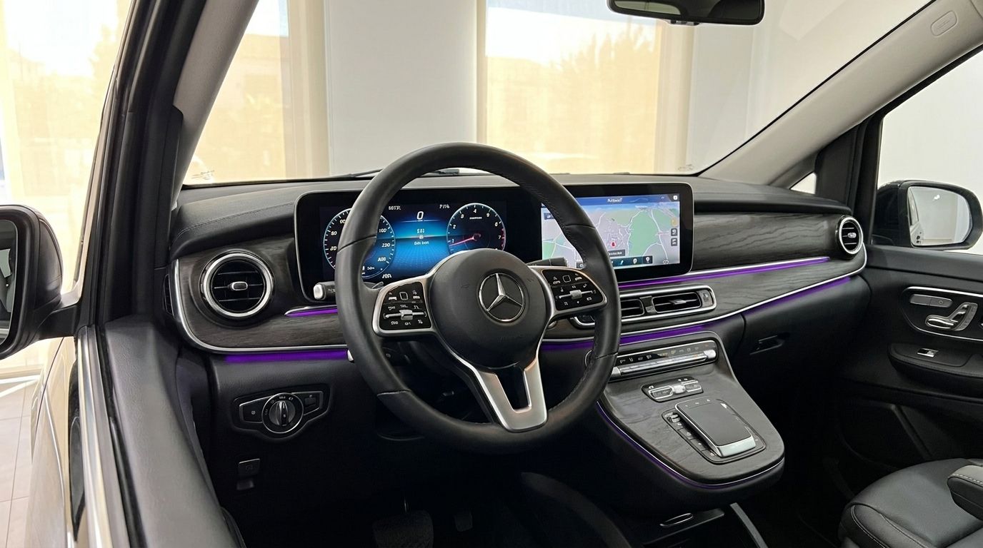 El lujoso interior del Mercedes-Benz V300 en Madrid, mostrando la moderna cabina con pantallas digitales e iluminación ambiental.