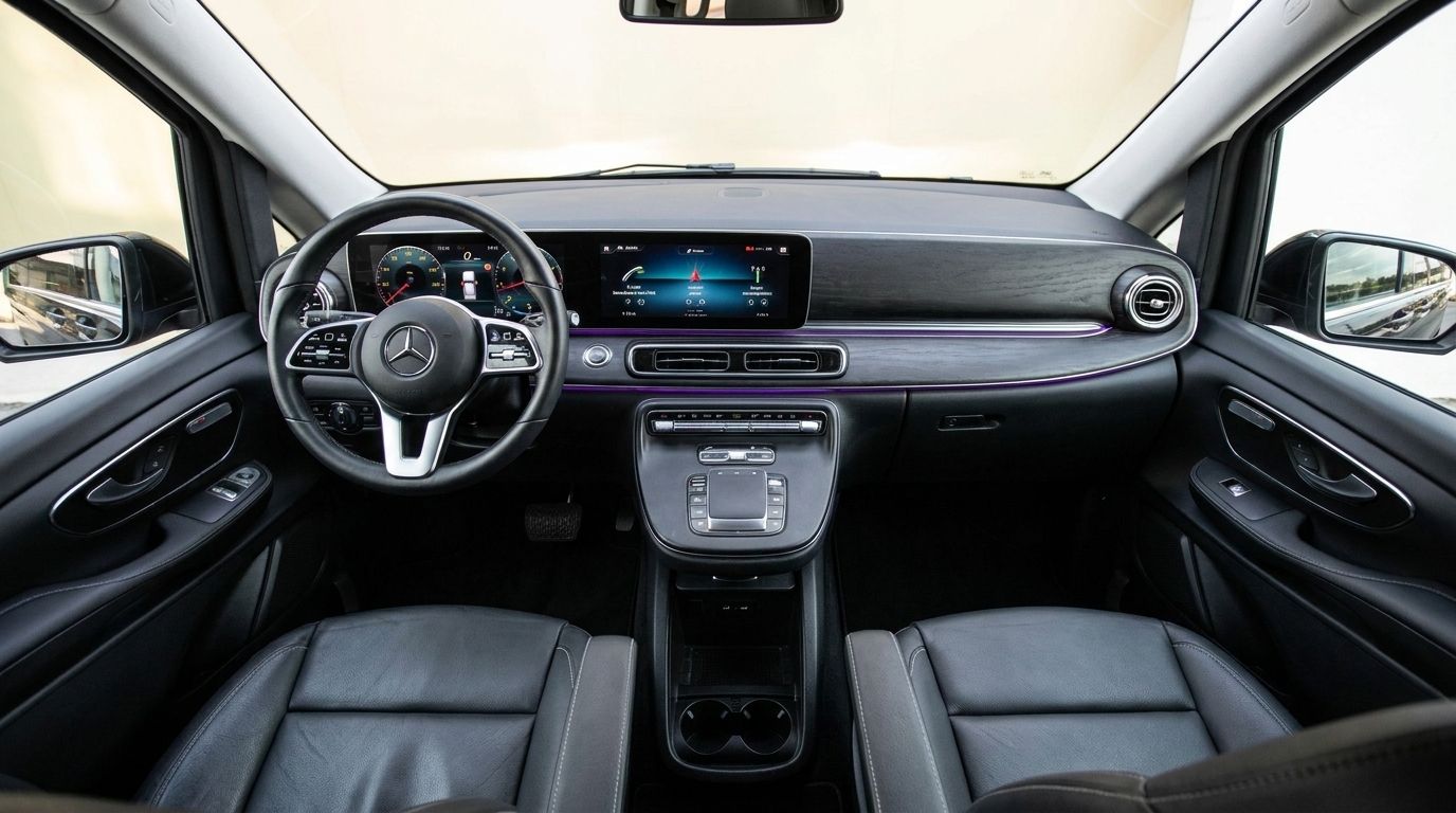 El lujoso interior del Mercedes-Benz V300, mostrando su moderno salpicadero, volante y pantalla de infoentretenimiento en Madrid.