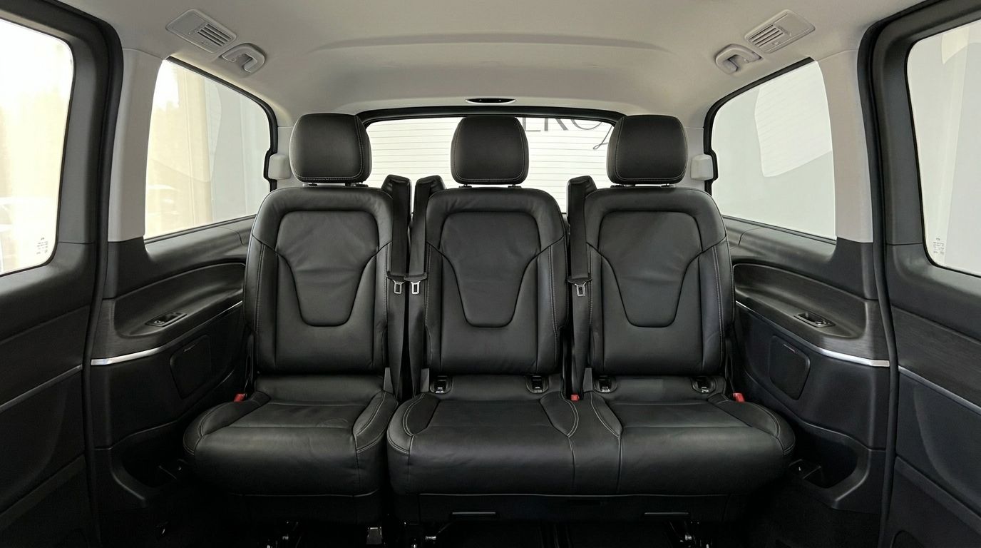 Se aprecian los amplios asientos traseros de cuero negro del Mercedes-Benz V300, ofreciendo confort en Madrid.