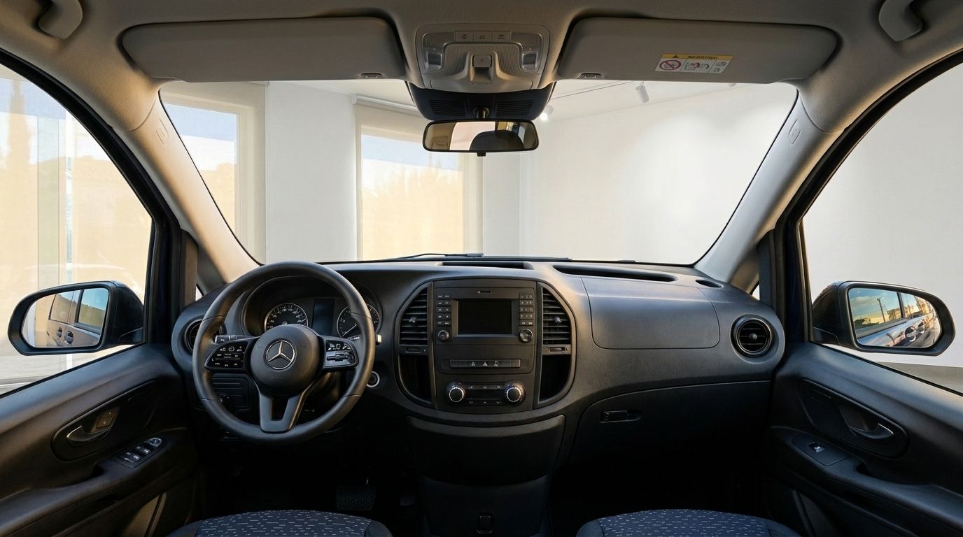 The interior of the Mercedes-Benz Vito Tourer, showcasing the dashboard, steering wheel, and front cabin from the driver's perspective.