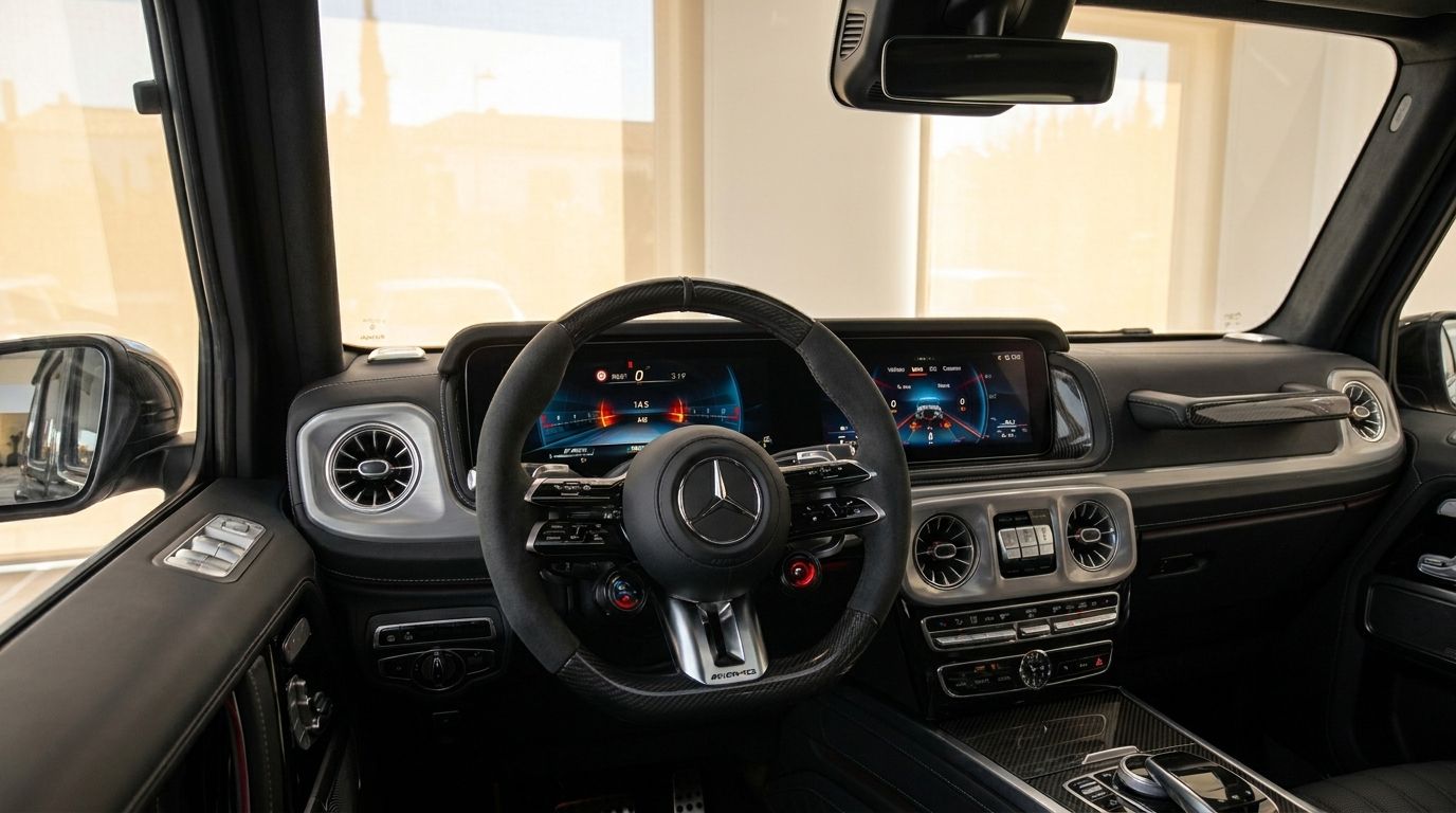 Luxurious cockpit of the 2025 Mercedes G63 AMG in Madrid, showing its steering wheel and digital displays.