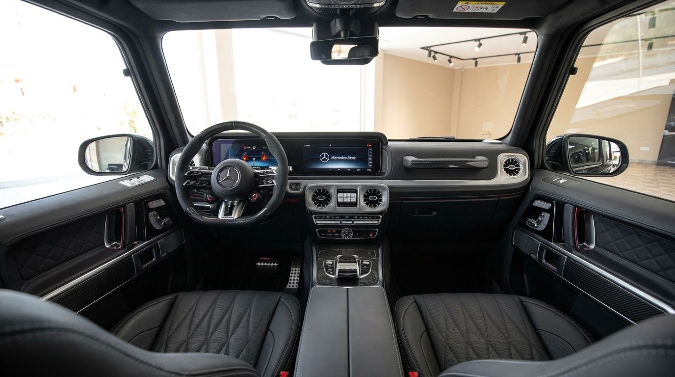 The luxurious interior cockpit of the 2025 Mercedes G63 AMG in glossy black, featuring the dashboard, steering wheel, and quilted leather seats in Madrid.