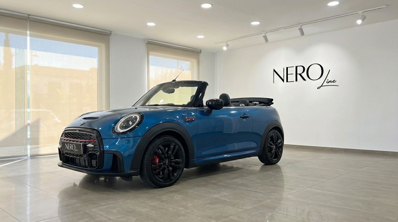 The metallic blue Mini Cooper John Works Convertible is showcased from a front three-quarter angle with its top down in an Ibiza showroom.