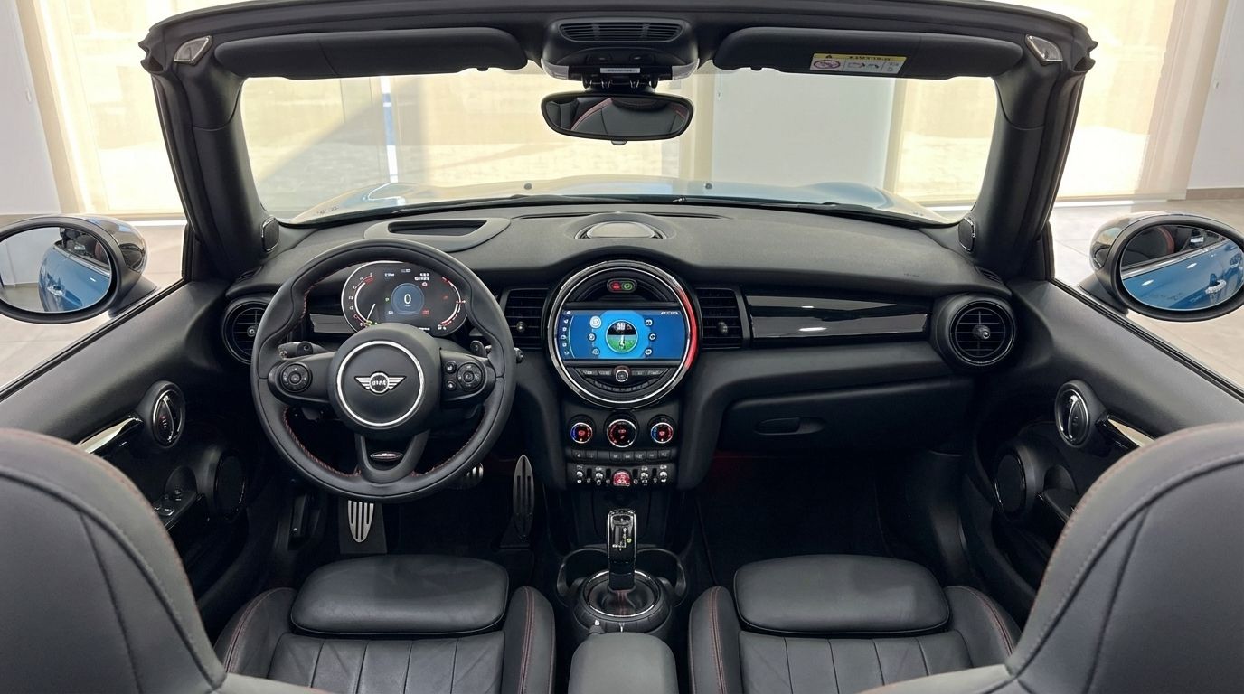 The interior cockpit of the Mini Cooper John Works Convertible in Ibiza, featuring the steering wheel, dashboard, and infotainment screen.
