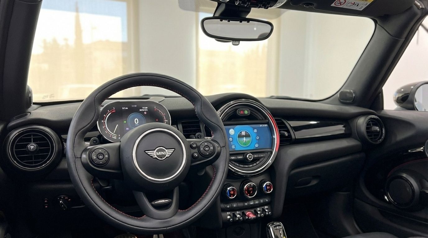 The interior cockpit of the Mini Cooper John Works Convertible in Ibiza, showcasing the steering wheel, dashboard, and infotainment screen.