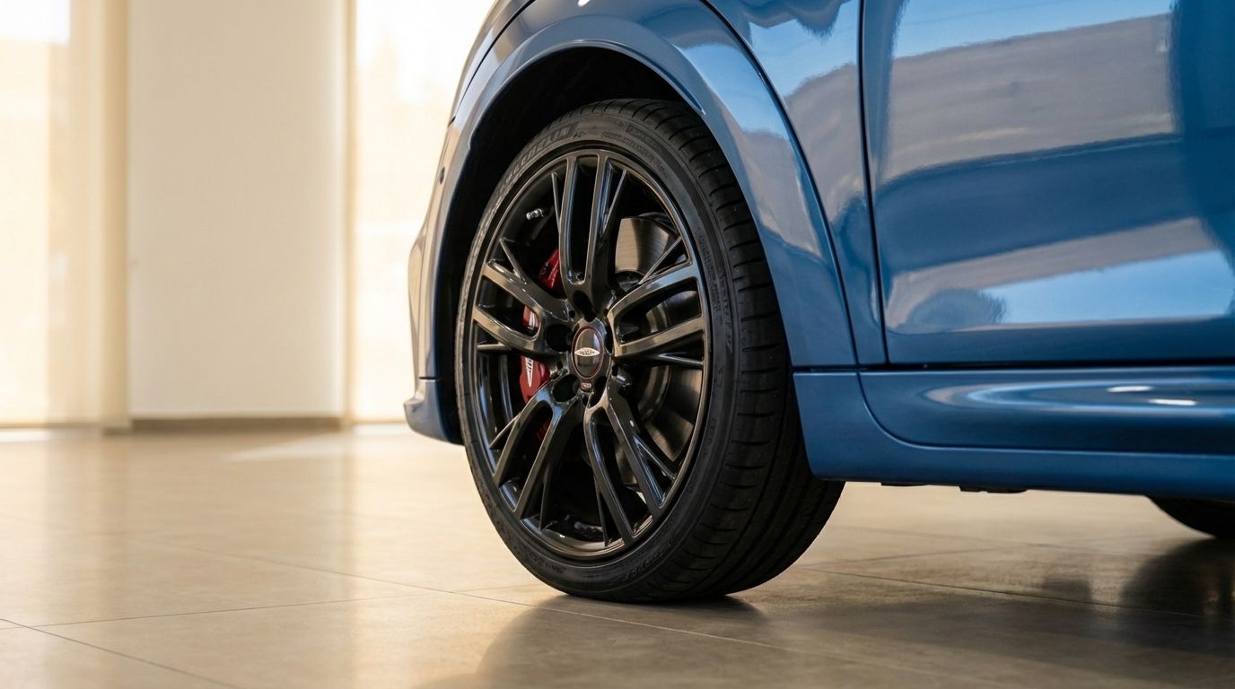 Close-up of the metallic blue 2025 Mini Cooper John Works Convertible's black alloy front wheel with red brake calipers in Ibiza.