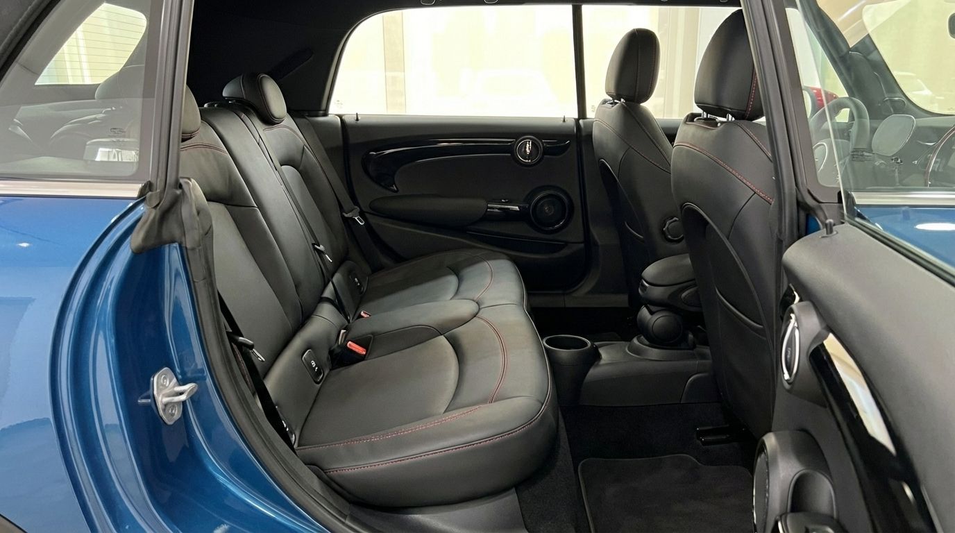 The rear black leather seats with red stitching and door panel of the Mini Cooper John Works Convertible in Ibiza.