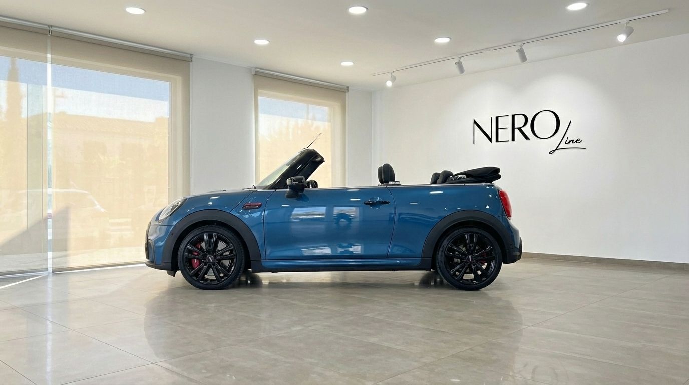 The metallic blue Mini Cooper John Works Convertible is showcased from a side view with its top down in a bright Ibiza showroom.
