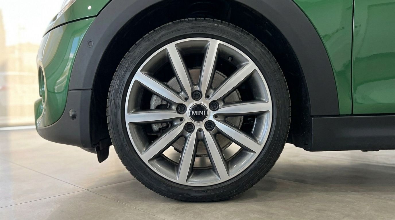The front wheel and fender of a green Mini Cooper S Cabrio are visible, showcasing the multi-spoke alloy rim and tire in Mallorca.