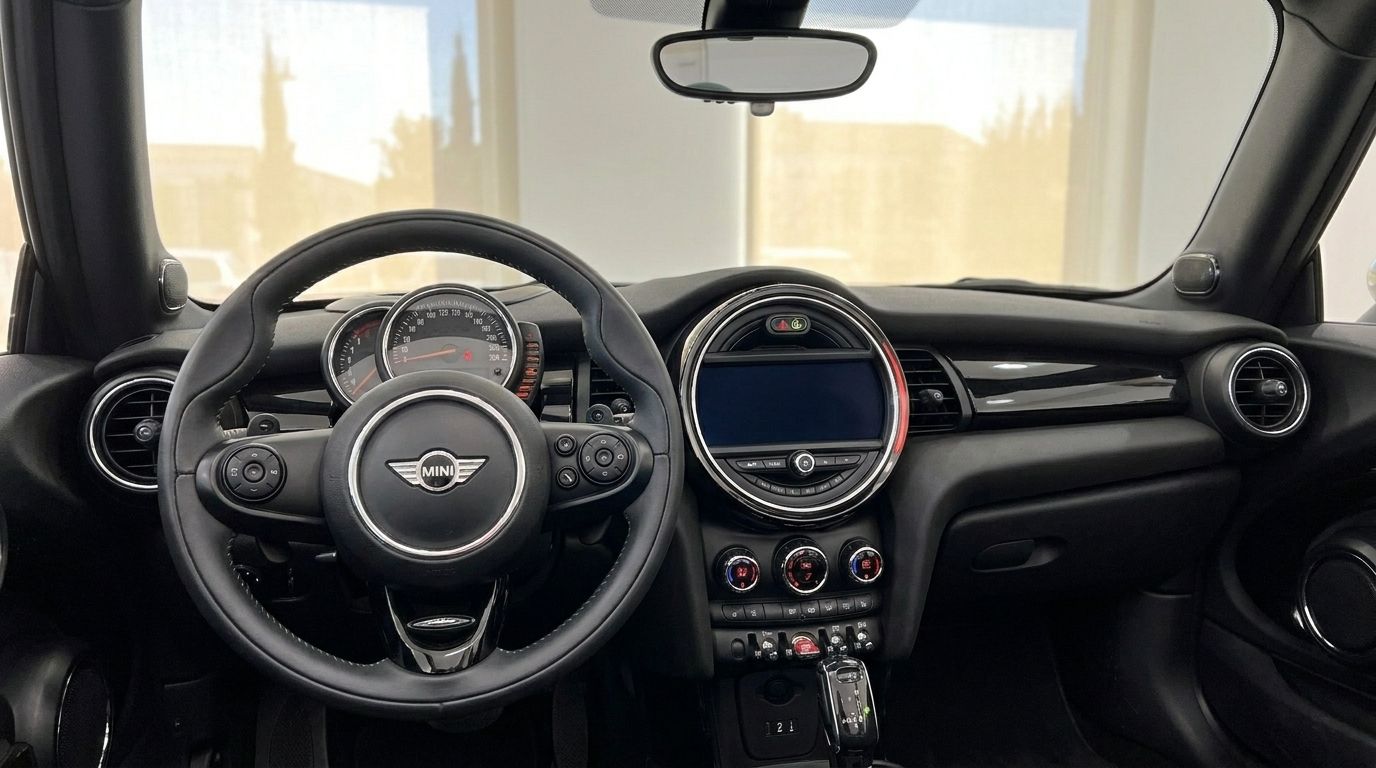 The luxurious interior of the Mini Cooper S Cabrio in Mallorca, featuring its steering wheel, dashboard, and central infotainment system.