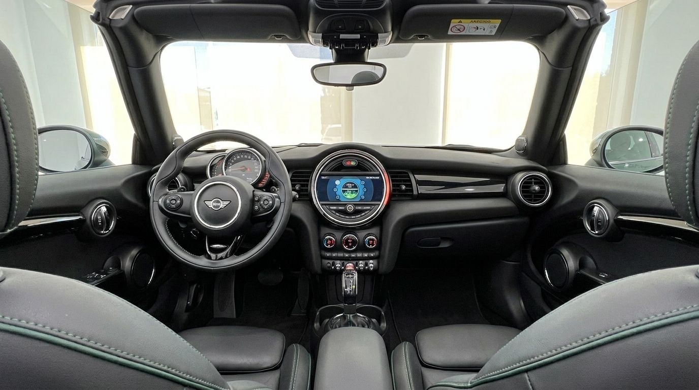 The luxurious interior of the 2021 Mini Cooper S Cabrio in Mallorca, showcasing the dashboard, steering wheel, and infotainment screen.