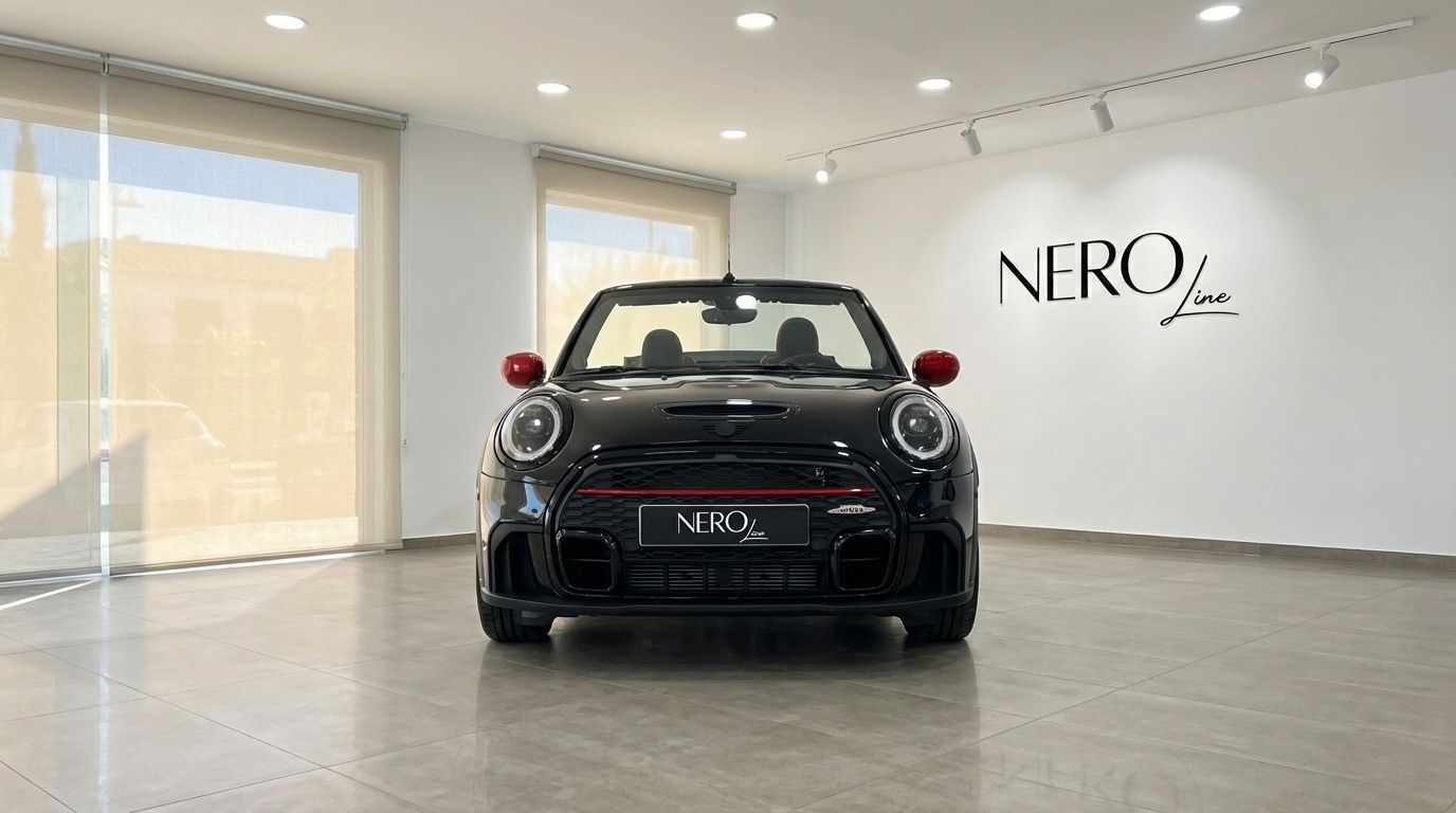 The 2025 Mini John Cooper Works Cabrio in black with red accents, shown from the front in a Barcelona showroom.