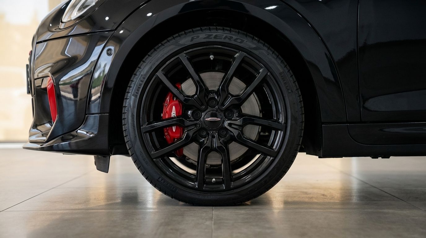 Close-up of the black alloy front wheel and red brake caliper on the Mini John Cooper Works Cabrio in Barcelona.