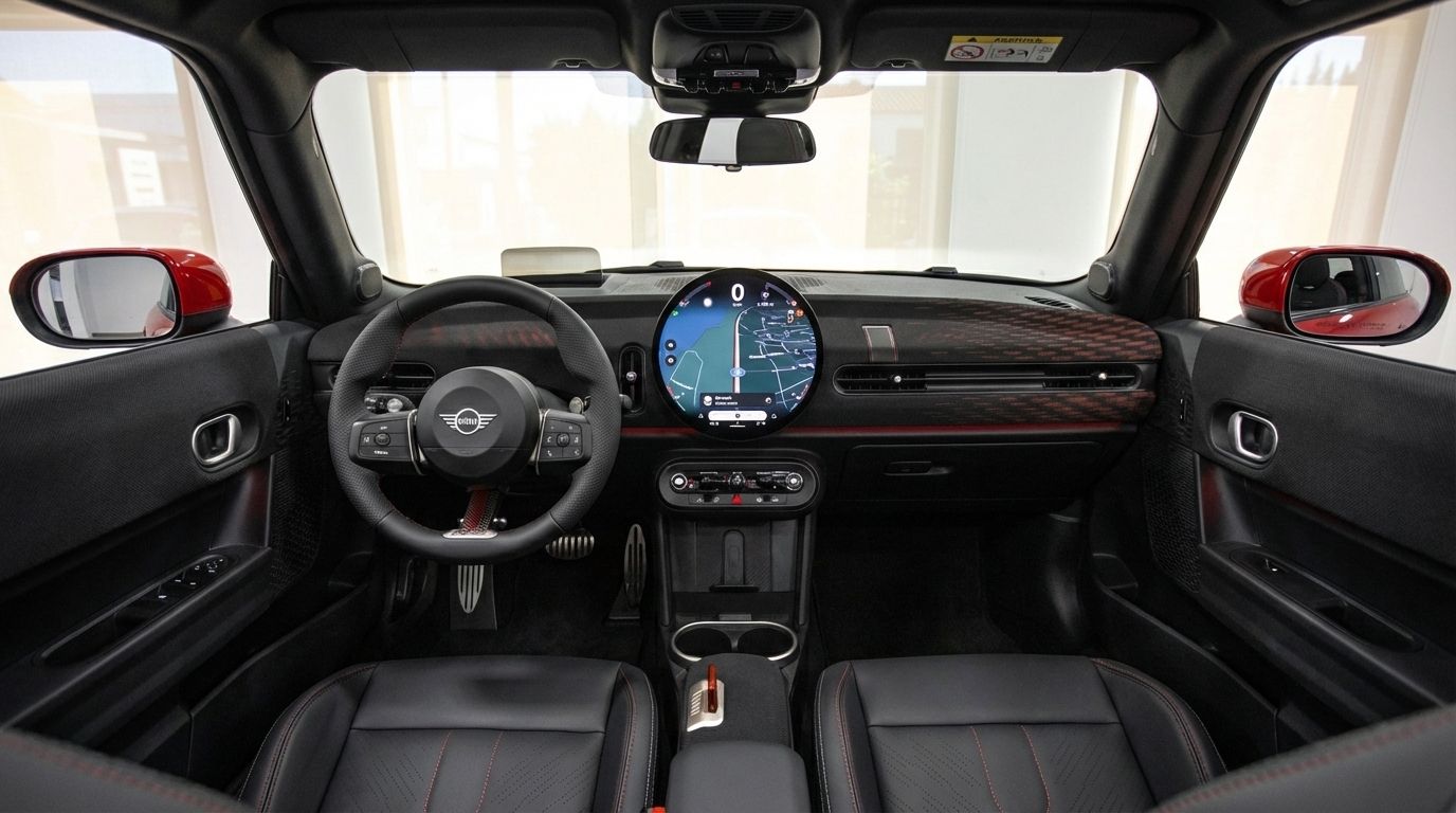 Mini John Cooper Works Cabrio interior, showcasing the dashboard, steering wheel, and central circular display in Barcelona.