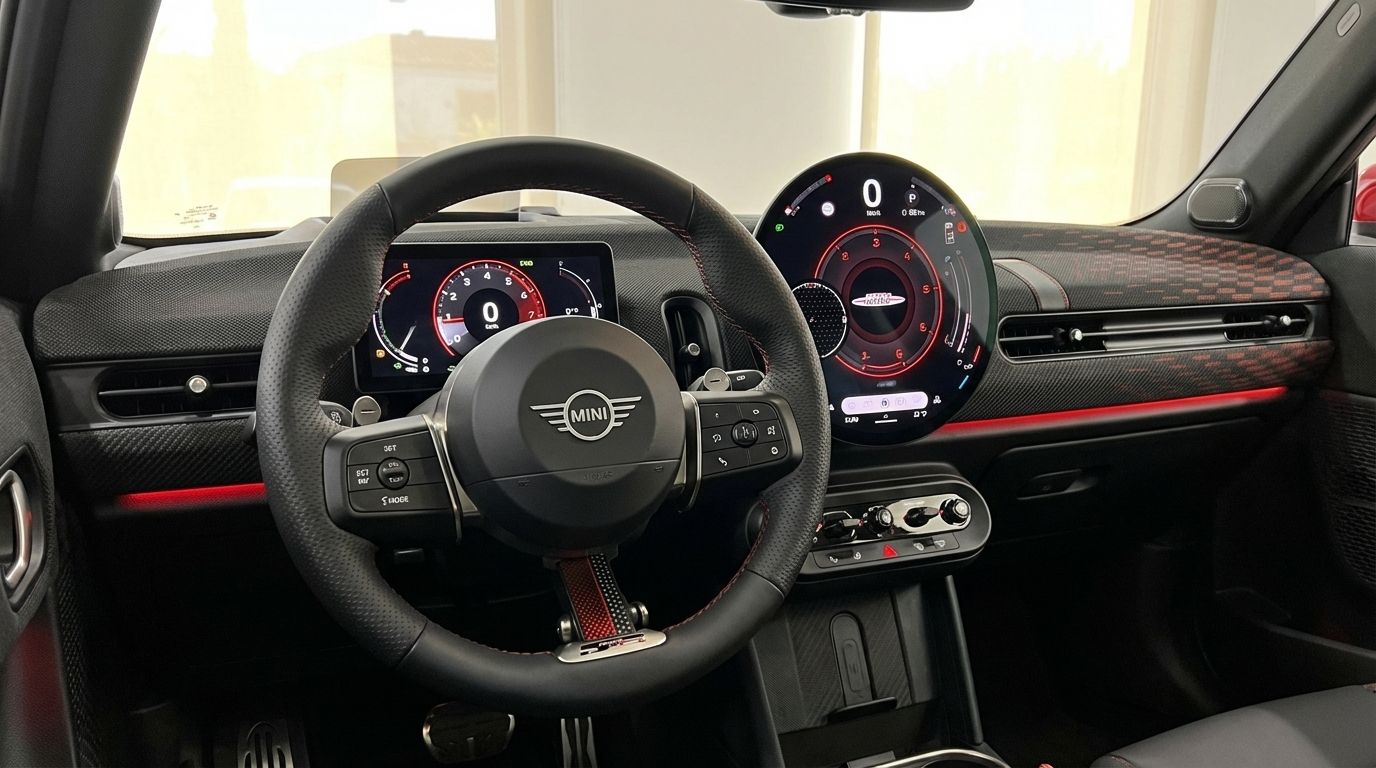 The modern interior of the Mini John Cooper Works Cabrio in Barcelona, showcasing the steering wheel, digital dashboard, and central display with red accents.