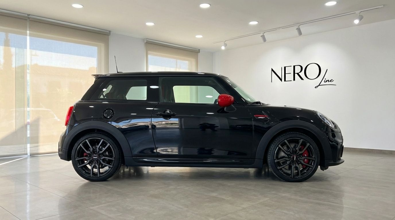 The black 2025 Mini John Cooper Works Cabrio with distinctive red mirrors is displayed in a side profile view in a Barcelona showroom.