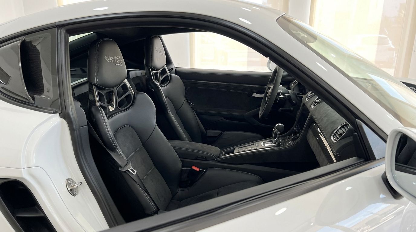 El lujoso interior negro del Porsche 718 SPIDER RS, con asientos de competición, volante y salpicadero en Madrid.