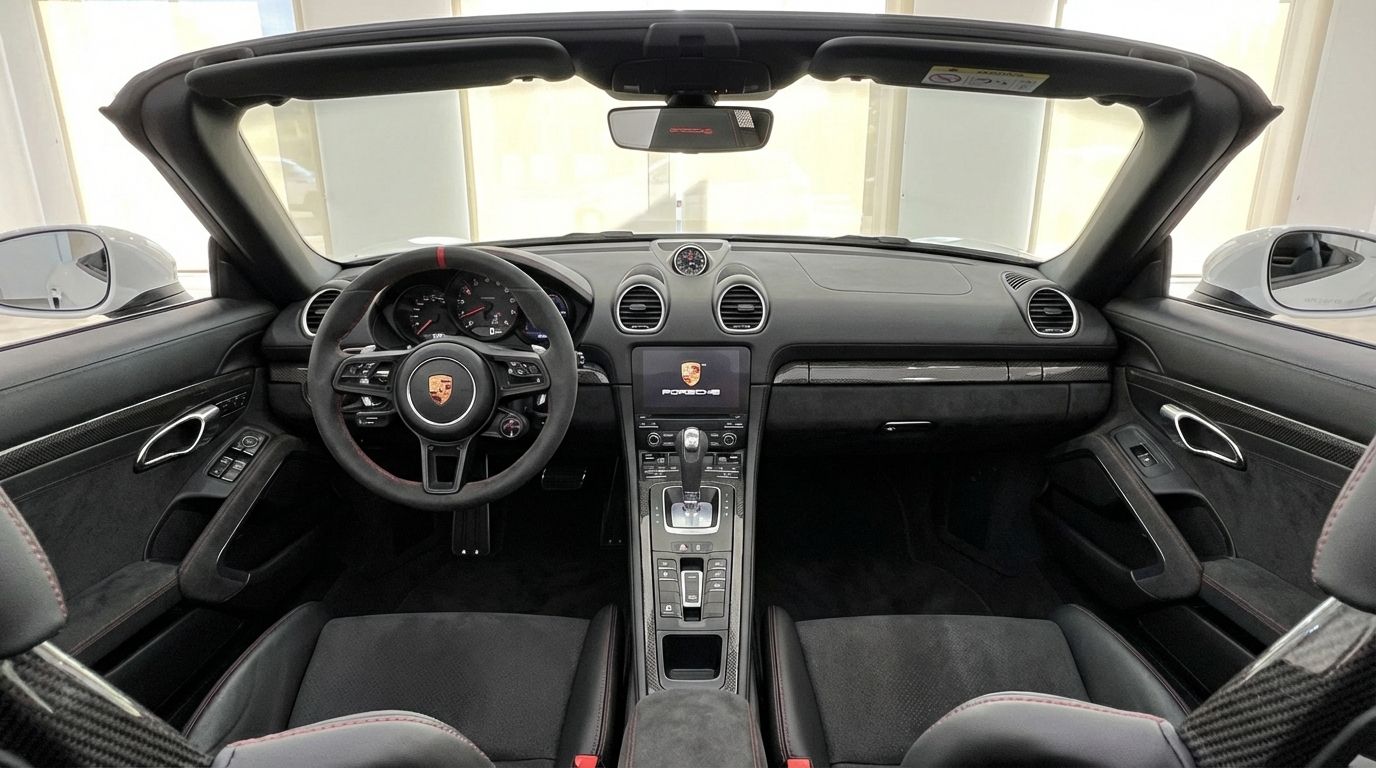 El lujoso interior del Porsche 718 SPIDER RS en Madrid, mostrando el volante, el salpicadero y la consola central.