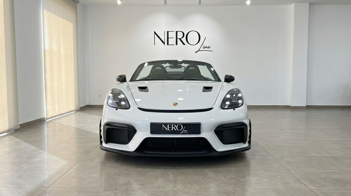 El Porsche 718 SPIDER RS blanco se exhibe prominentemente de frente en un showroom en Madrid.