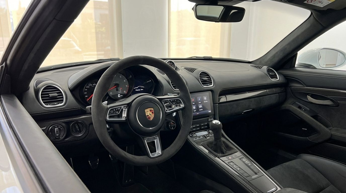El lujoso habitáculo interior del Porsche 718 SPIDER RS 2024 en Blanco Perla, mostrando el volante y el salpicadero en Madrid.