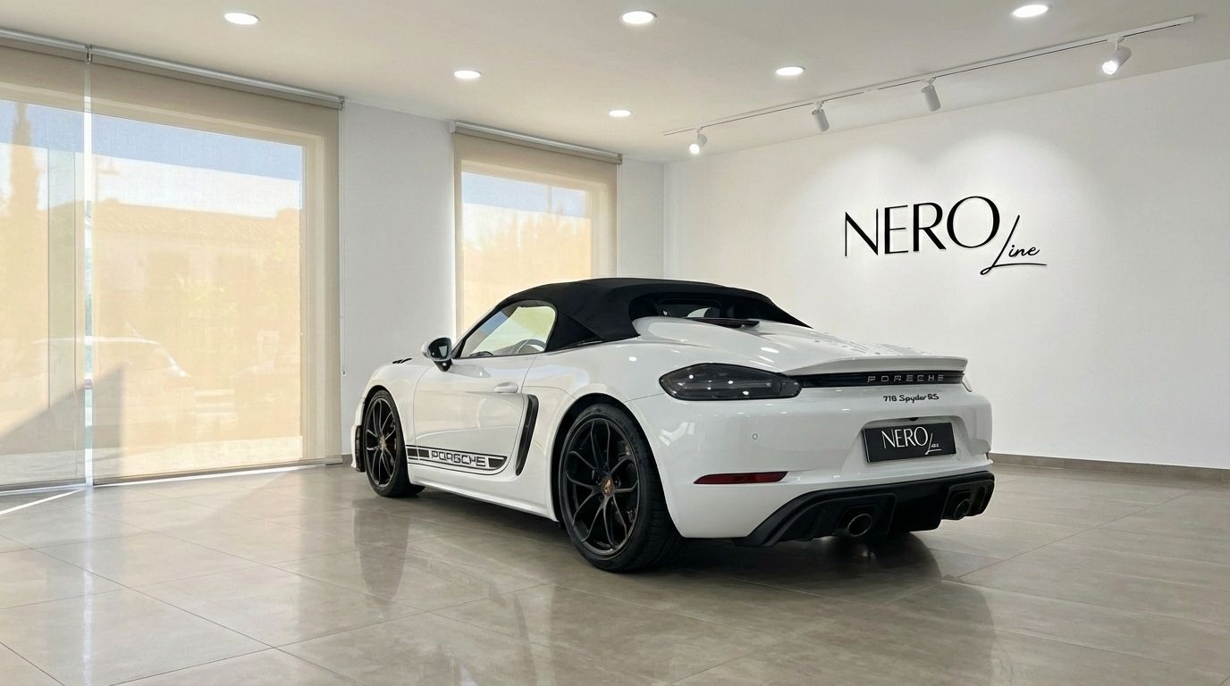 El Porsche 718 SPIDER RS blanco se exhibe desde un ángulo trasero tres cuartos en un luminoso concesionario de Madrid.