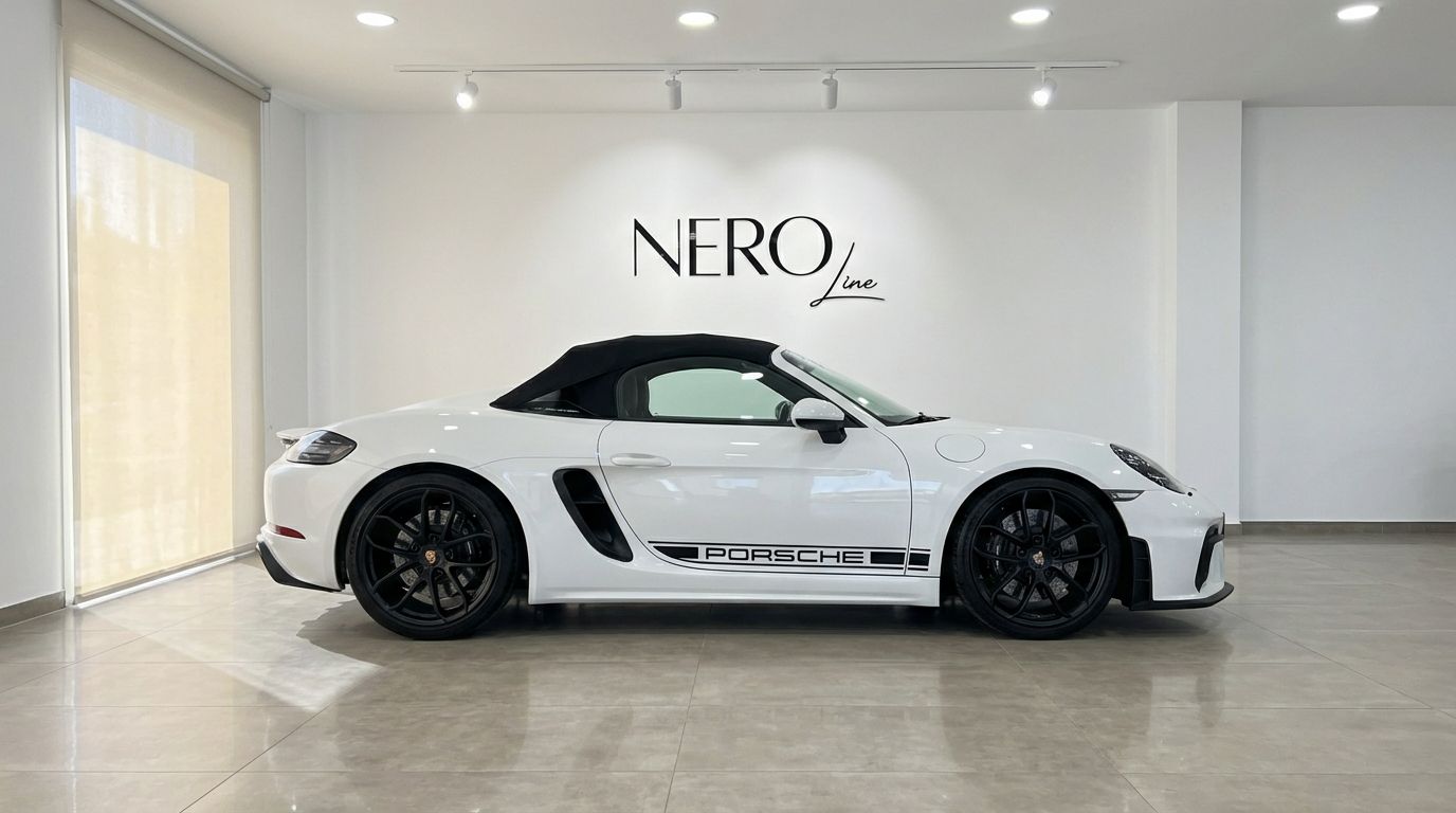 El Porsche 718 SPIDER RS blanco se muestra de perfil con su capota blanda negra puesta, estacionado en un concesionario en Madrid.