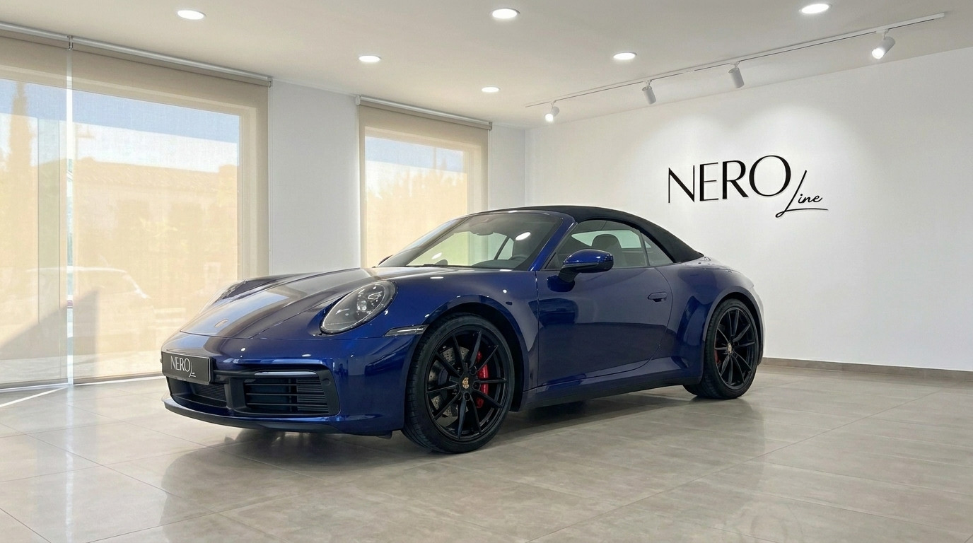 Porsche 911 Carrera 4S — Showroom auf Ibiza Ein blauer Porsche 911 Carrera 4S Cabriolet steht in einem hellen Ausstellungsraum auf Ibiza und präsentiert sein elegantes Design.