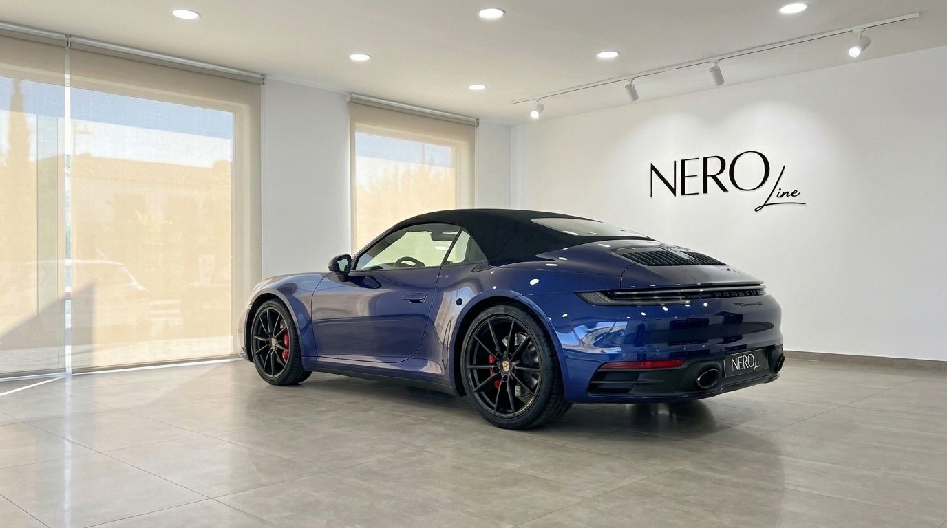 Ein blauer Porsche 911 Carrera 4S Cabriolet von 2023, aus der hinteren Dreiviertelansicht, drinnen auf Ibiza geparkt.