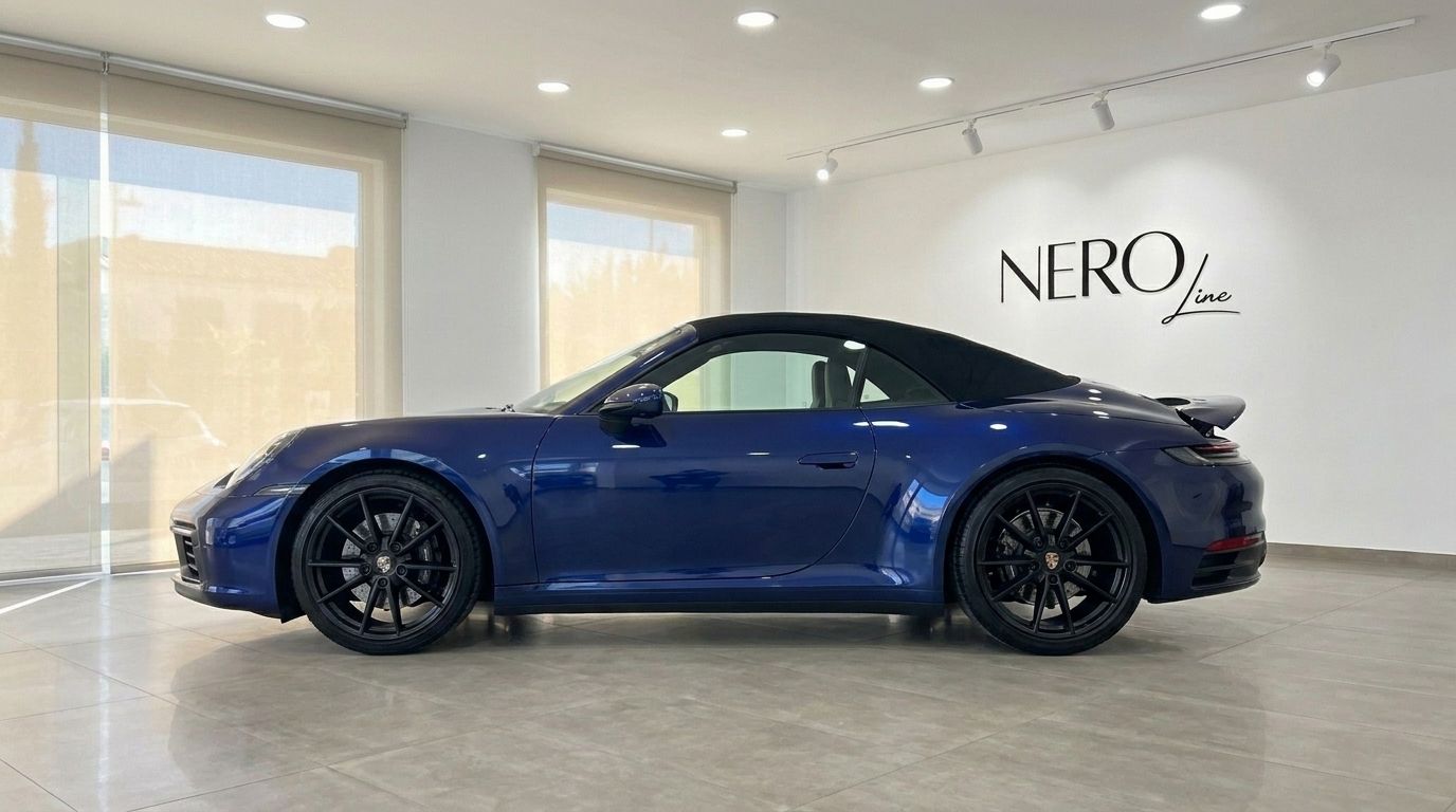 Der blaue Porsche 911 Carrera 4S Cabriolet wird im Seitenprofil mit geschlossenem schwarzem Verdeck in einem hellen Showroom auf Ibiza gezeigt.