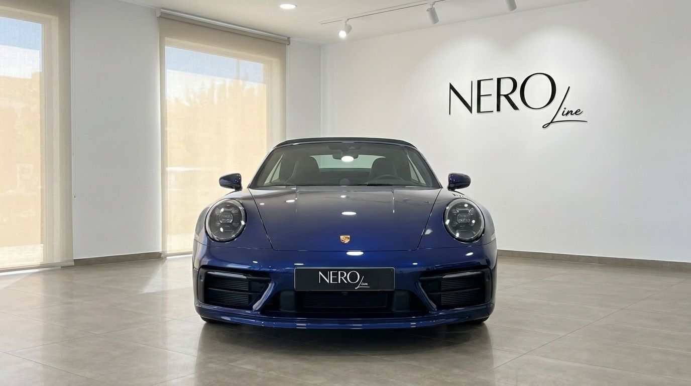 Der blaue Porsche 911 Carrera 4S Cabriolet wird prominent von vorne in einem hellen Showroom auf Ibiza präsentiert.
