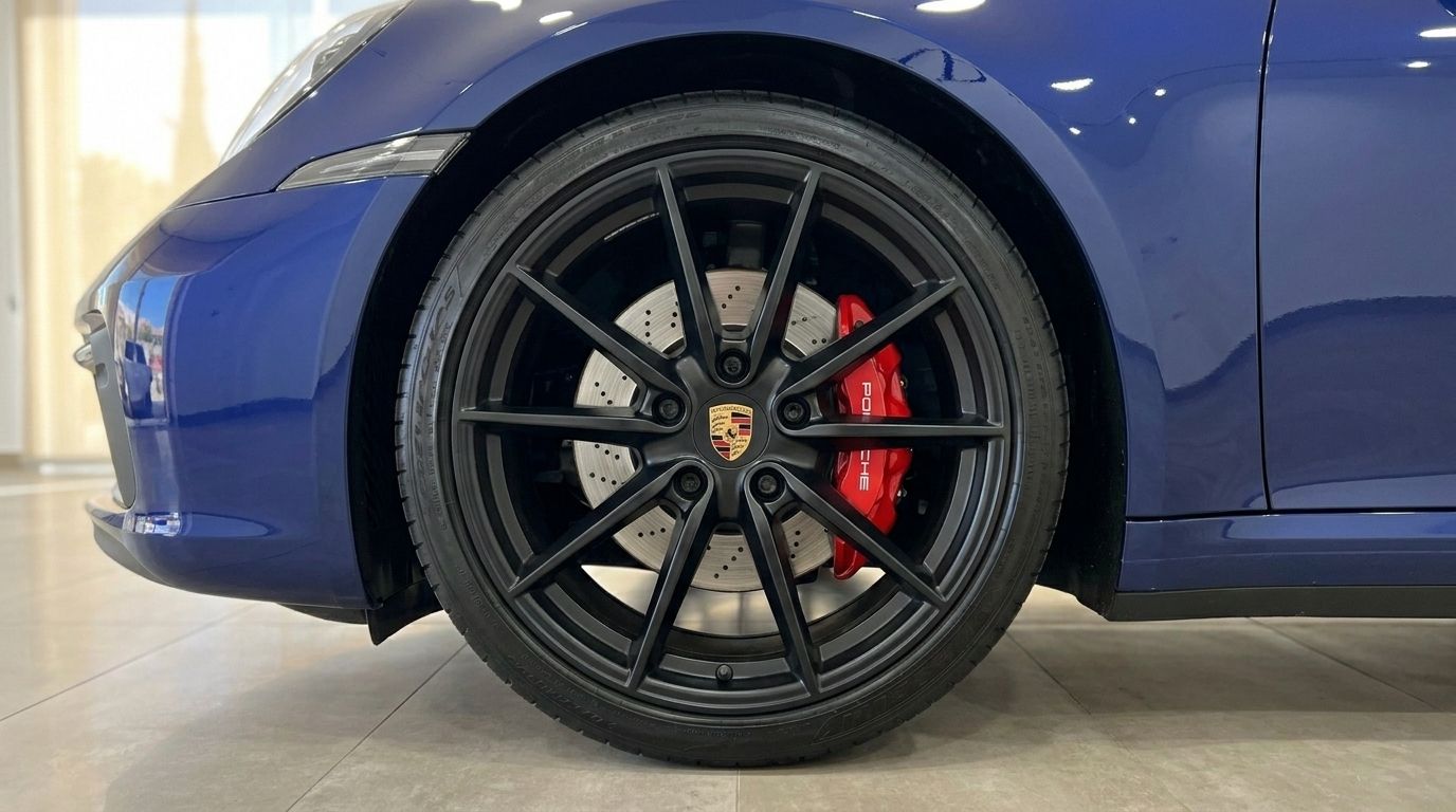 Der blaue Porsche 911 Carrera 4S Cabrio in Ibiza zeigt sein Vorderrad mit schwarzen Speichen und rotem Bremssattel.