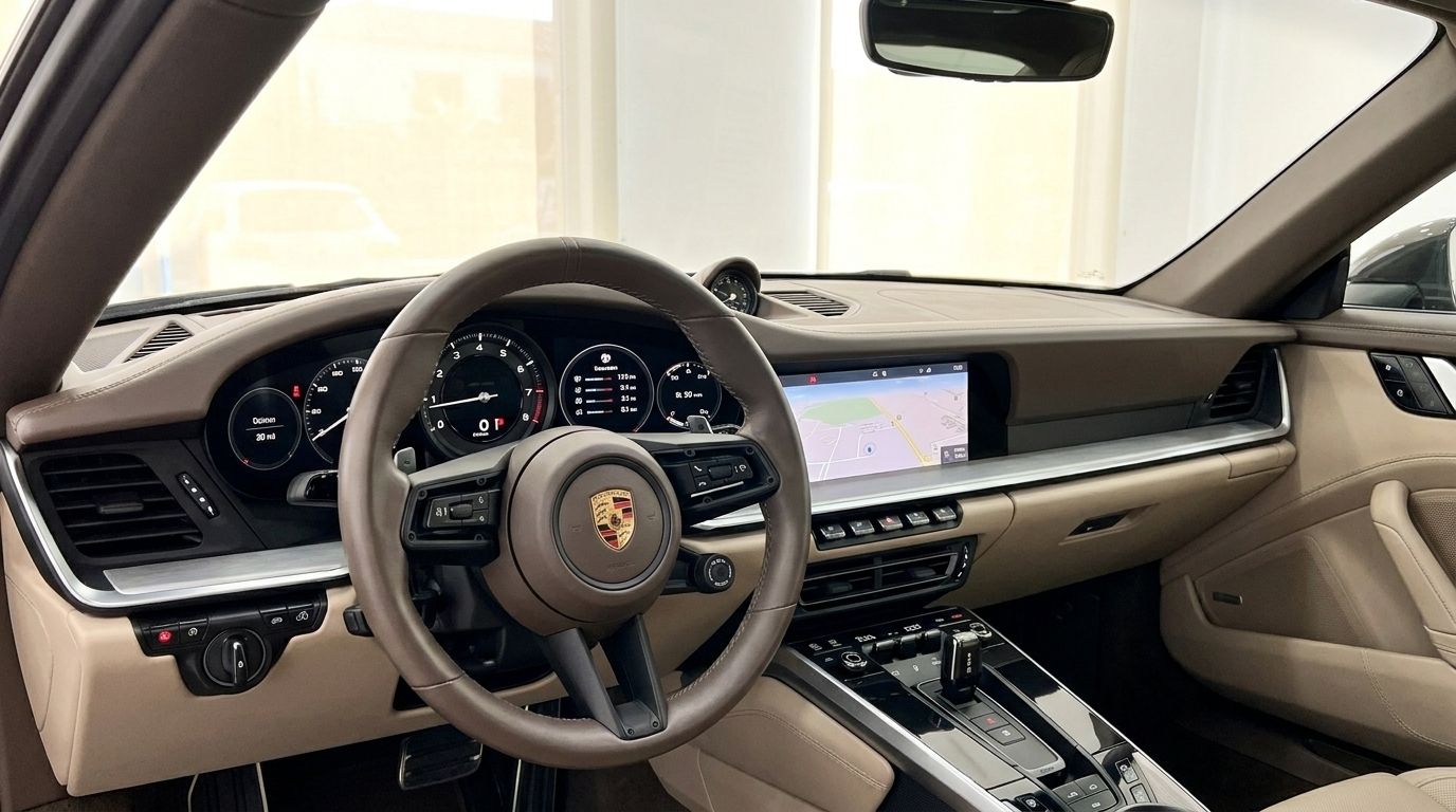 Das luxuriöse beigefarbene Lederinterieur des Porsche 911 Carrera 4S Cabriolet auf Ibiza, mit Lenkrad, Armaturenbrett und Infotainment-Bildschirm.